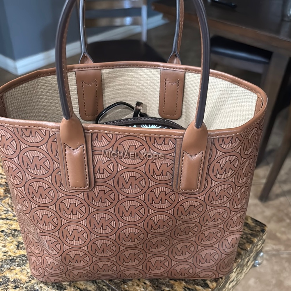 Michael Kors Brown Structured Tote with Monogram Design